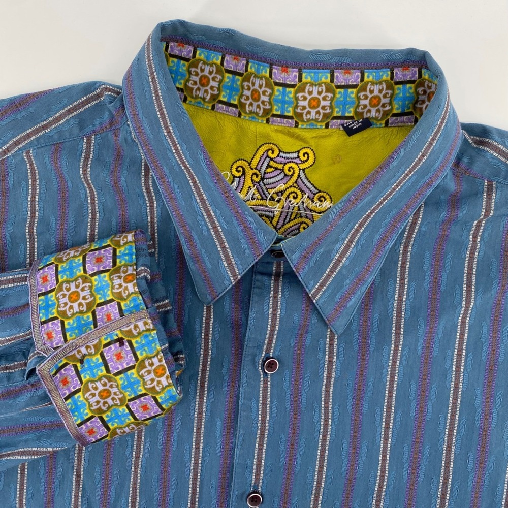 Robert Graham Button Down Shirt Mens 3XL Blue Striped Silk Trim Jacquard L/S